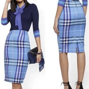 NWT 7Th Avenue Blue Plaid Stretch Pencil Skirt Sz 8